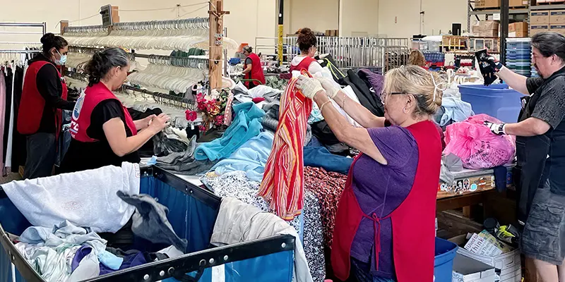 Thrift store employee sorting clothing